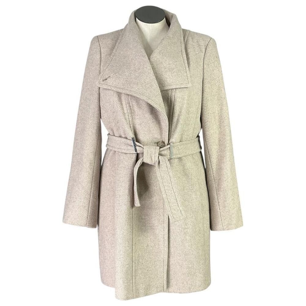 Calvin Klein Belted Wrap Coat Womens XL Beige Wool Blend Soft Lined Asymmetrical